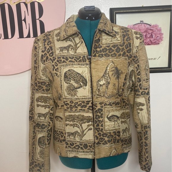 BEIGE TWEED ANIMAL PRINT JACKET SZ 14 - Picture 1 of 4